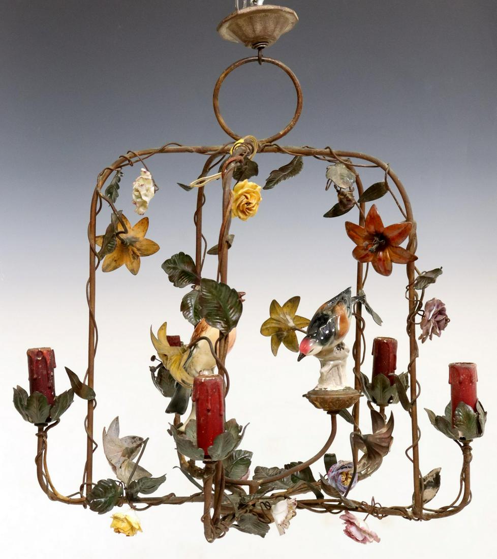 ITALIAN PAINTED METAL & PORCELAIN 5-LT CHANDELIER (1 of 3)