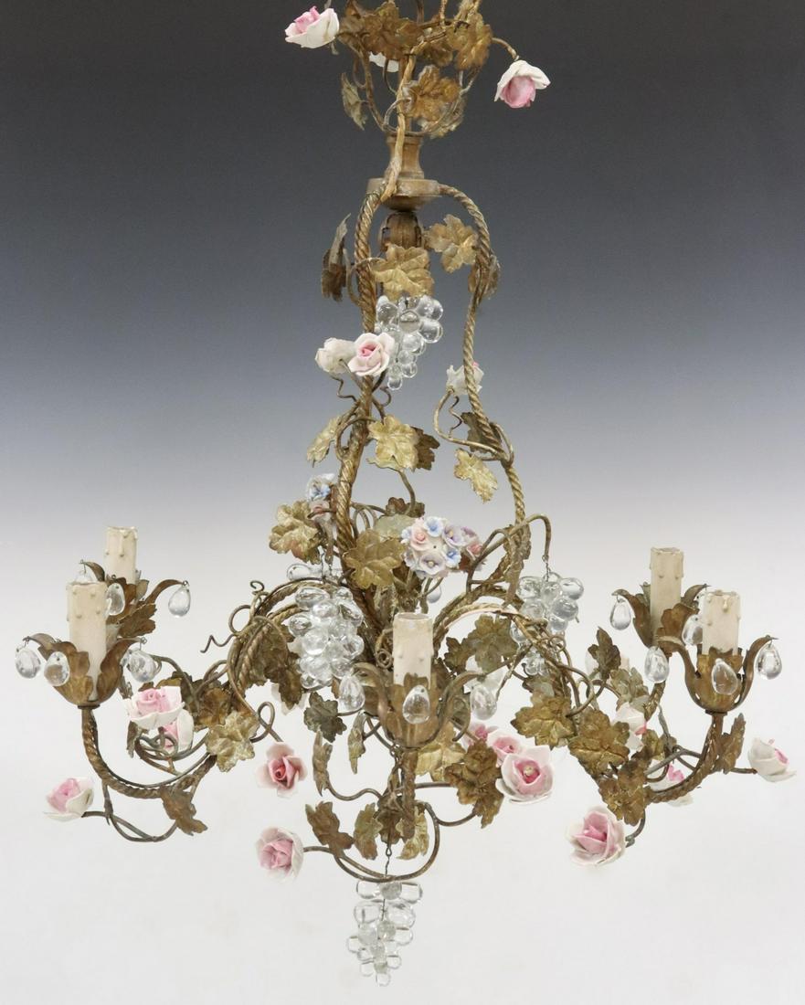 ITALIAN GILT IRON PORCELAIN FLOWER 6-LT CHANDELIER (1 of 4)