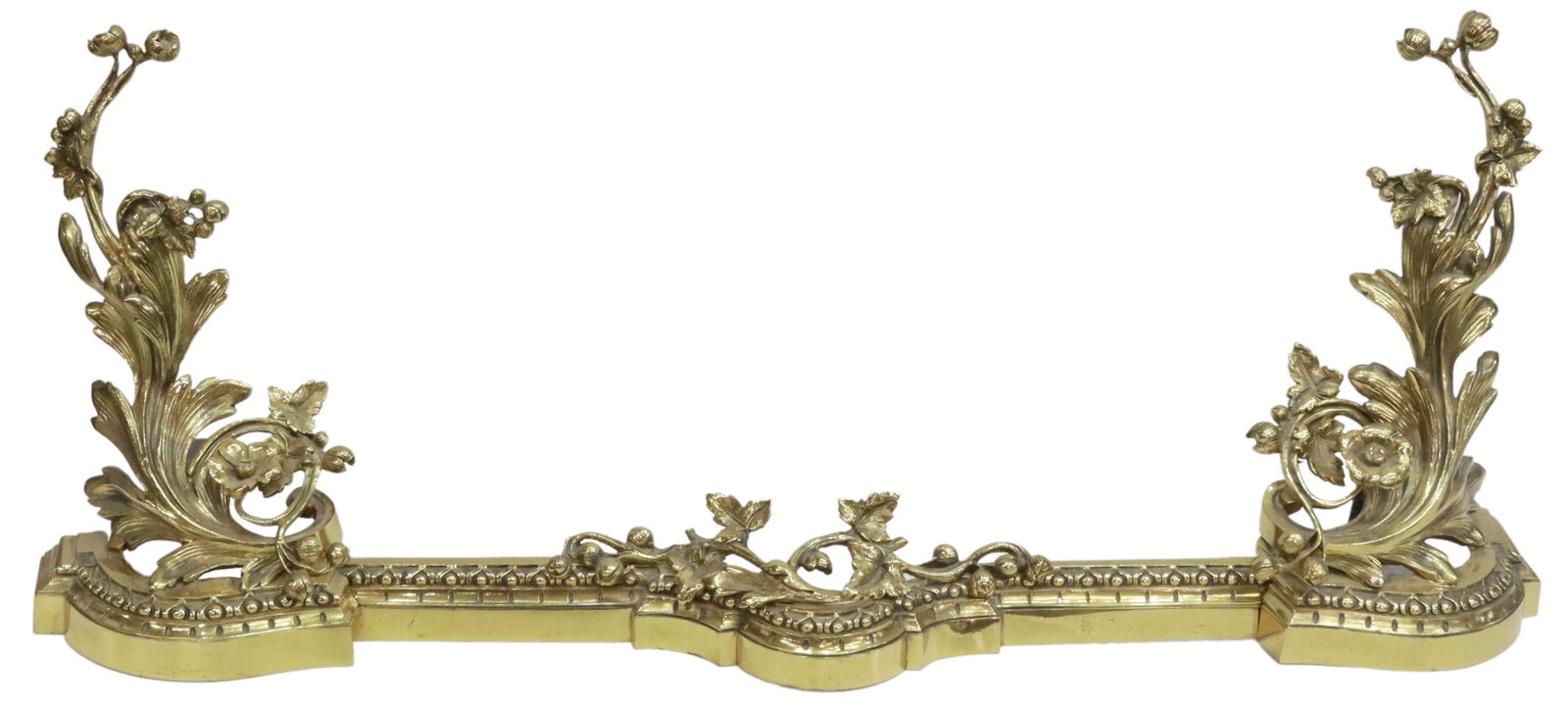 (3) FRENCH GILT METAL CHENETS & FIRE FENDER: (lot of 3) French gilt metal chenets and fire fender, having delicate trailing florals and ivy, over stepped shaped base, with running ornamentation, assembled: approx 15.5"h, 43"w, 6.5"d, 14.5lbs **P