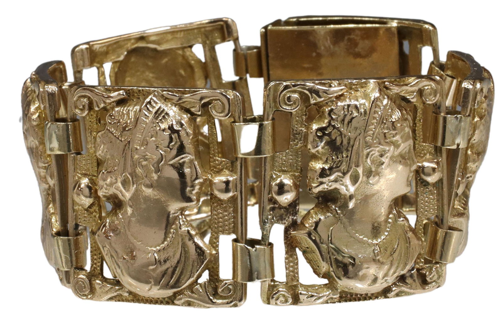 ESTATE 14KT YG PROFILE PORTRAIT BRACELET, 64.2 GM: Estate 14kt yellow gold bracelet, comprising six hinged openwork portrait plaques, each the profile of a beauty, each plaque and clasp stamped 14kt, fixed safety chain, approx 1 1/8"w, approx 6.25"l, 