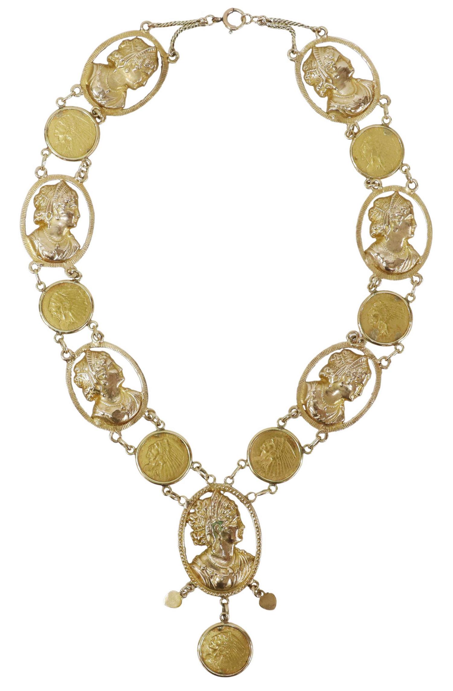 ESTATE 14KT PORTRAIT & GOLD COIN STATION NECKLACE (1 of 4)