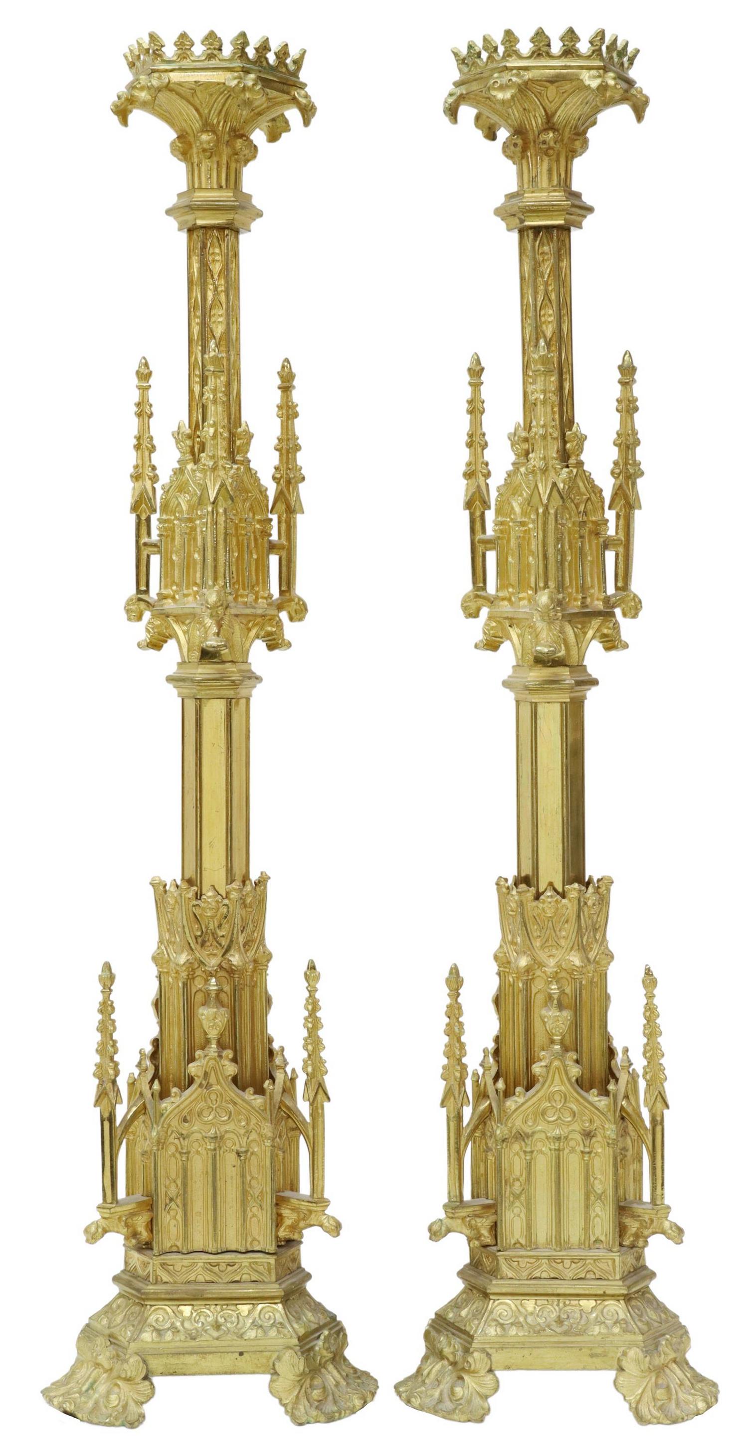 2) GOTHIC REVIVAL GILT METAL ALTAR CANDLE PRICKETS (1 of 4)