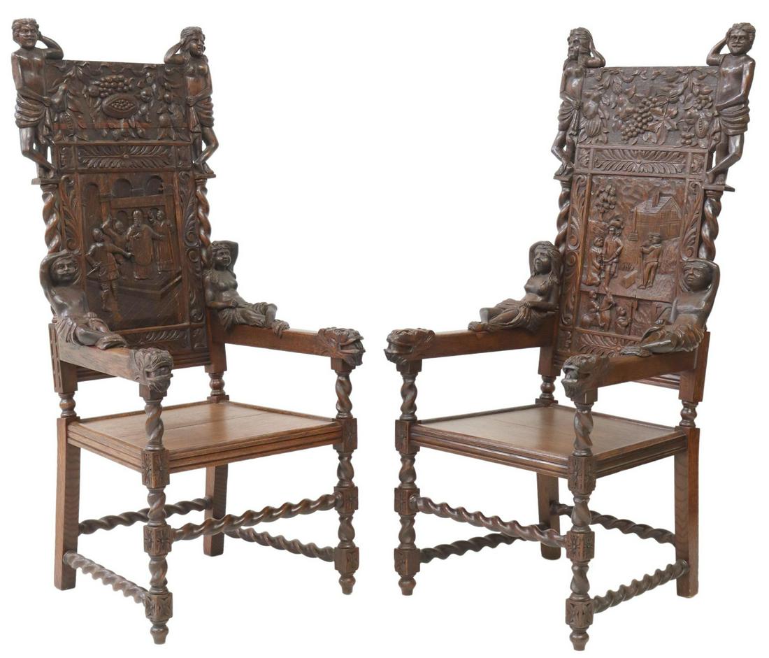 (2) ENGLISH RENAISSANCE REVIVAL OAK FIGURAL CHAIRS (1 of 5)
