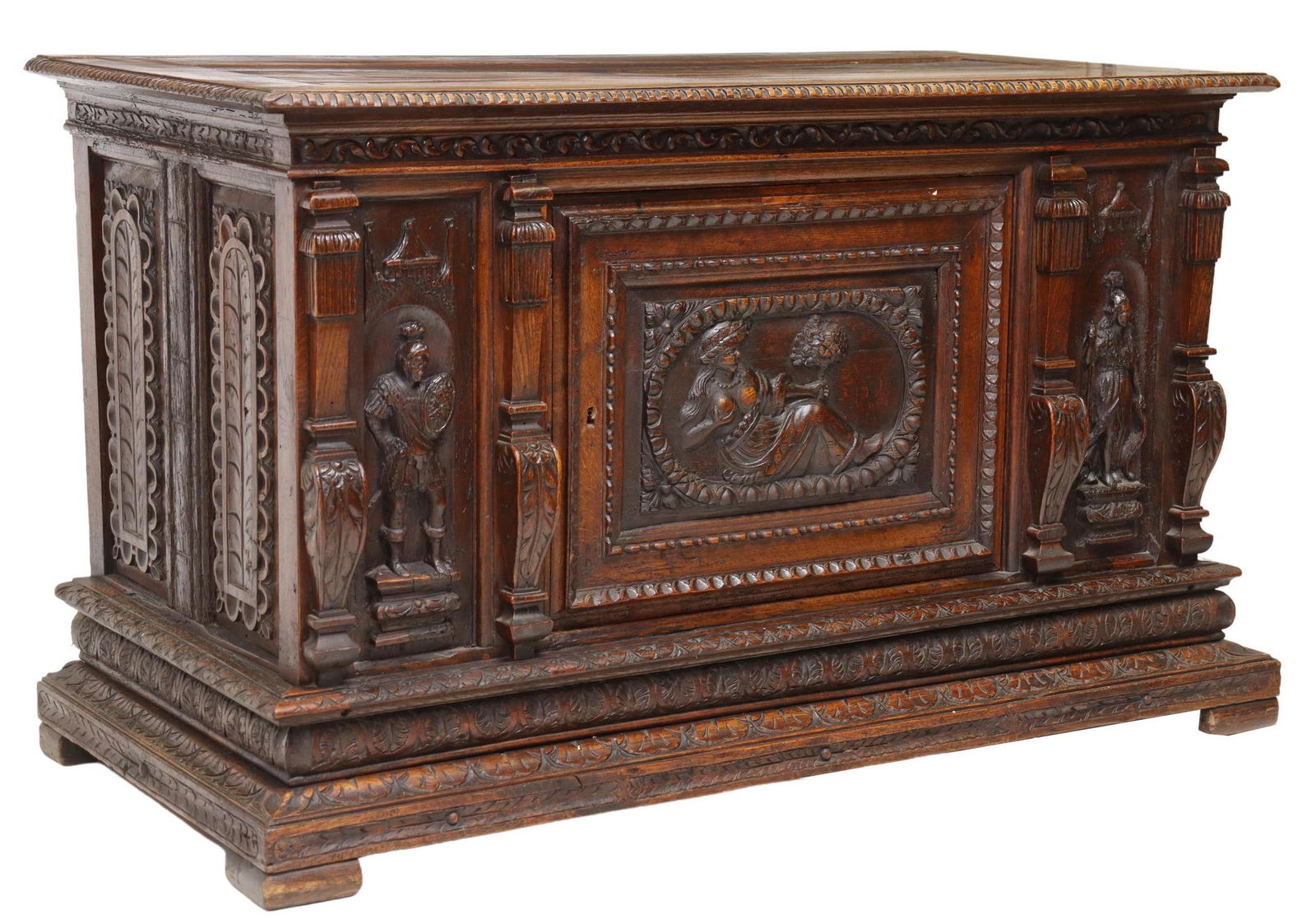 RENAISSANCE REVIVAL FIGURAL CARVED OAK COFFER (1 of 7)