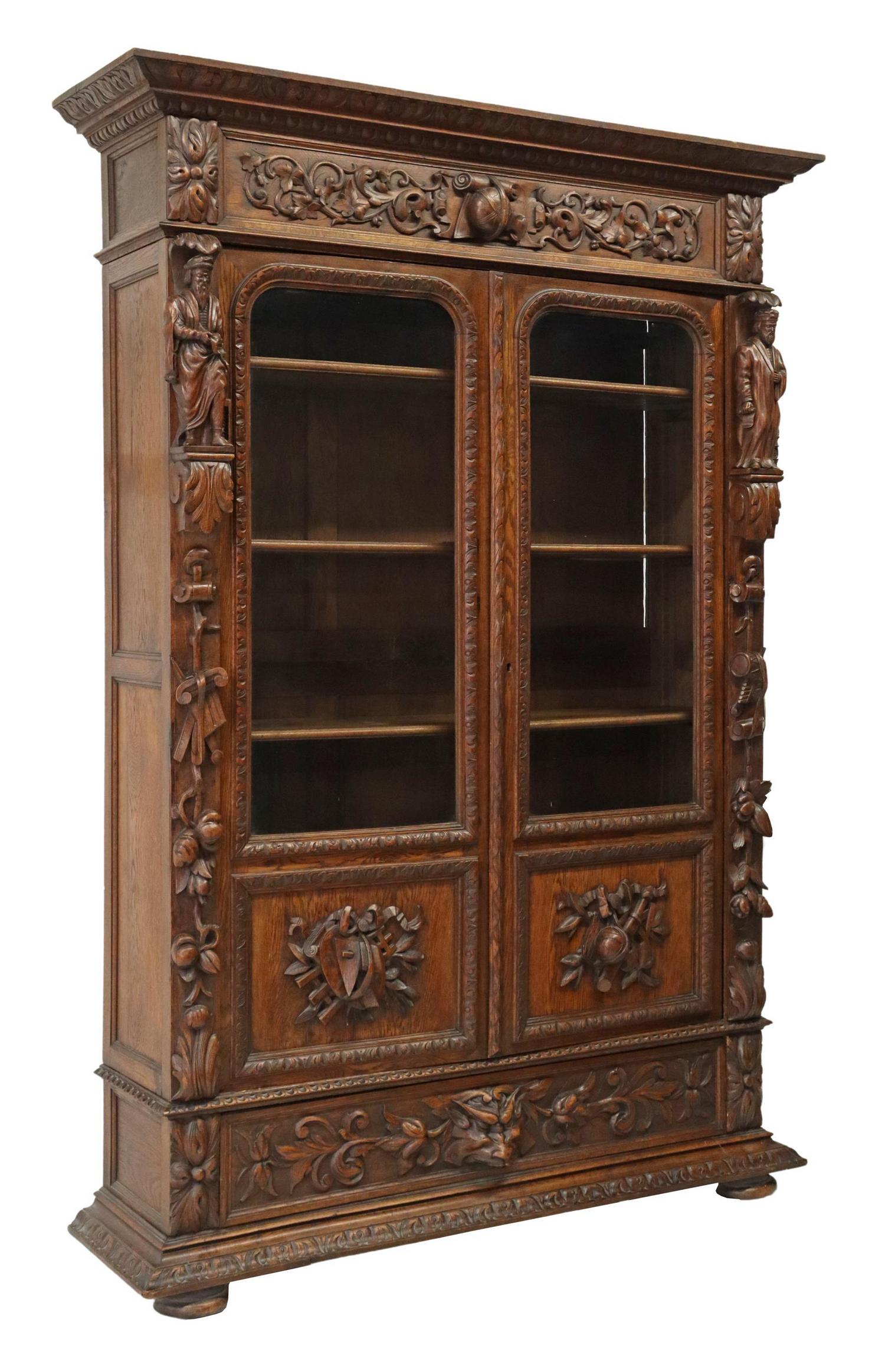 FRENCH CARVED OAK ARTS & SCIENCES LIBRARY BOOKCASE (1 of 5)