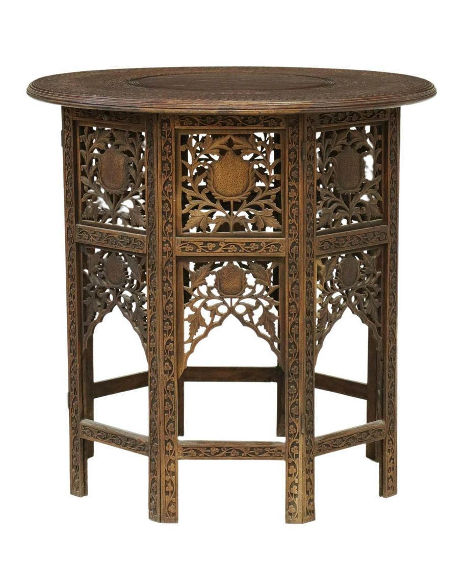 CARVED & BRASS-INLAID ROSEWOOD SIDE TABLE, INDIA (1 of 3)