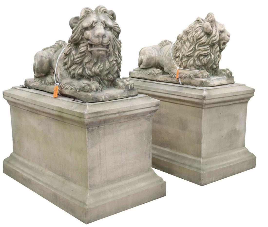 (2) MONUMENTAL CAST STONE RECUMBENT LIONS, 44.5"H (1 of 3)