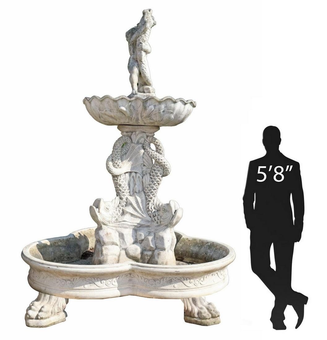 LARGE ITALIAN CAST STONE PUTTO & DOLPHIN FOUNTAIN (1 of 4)