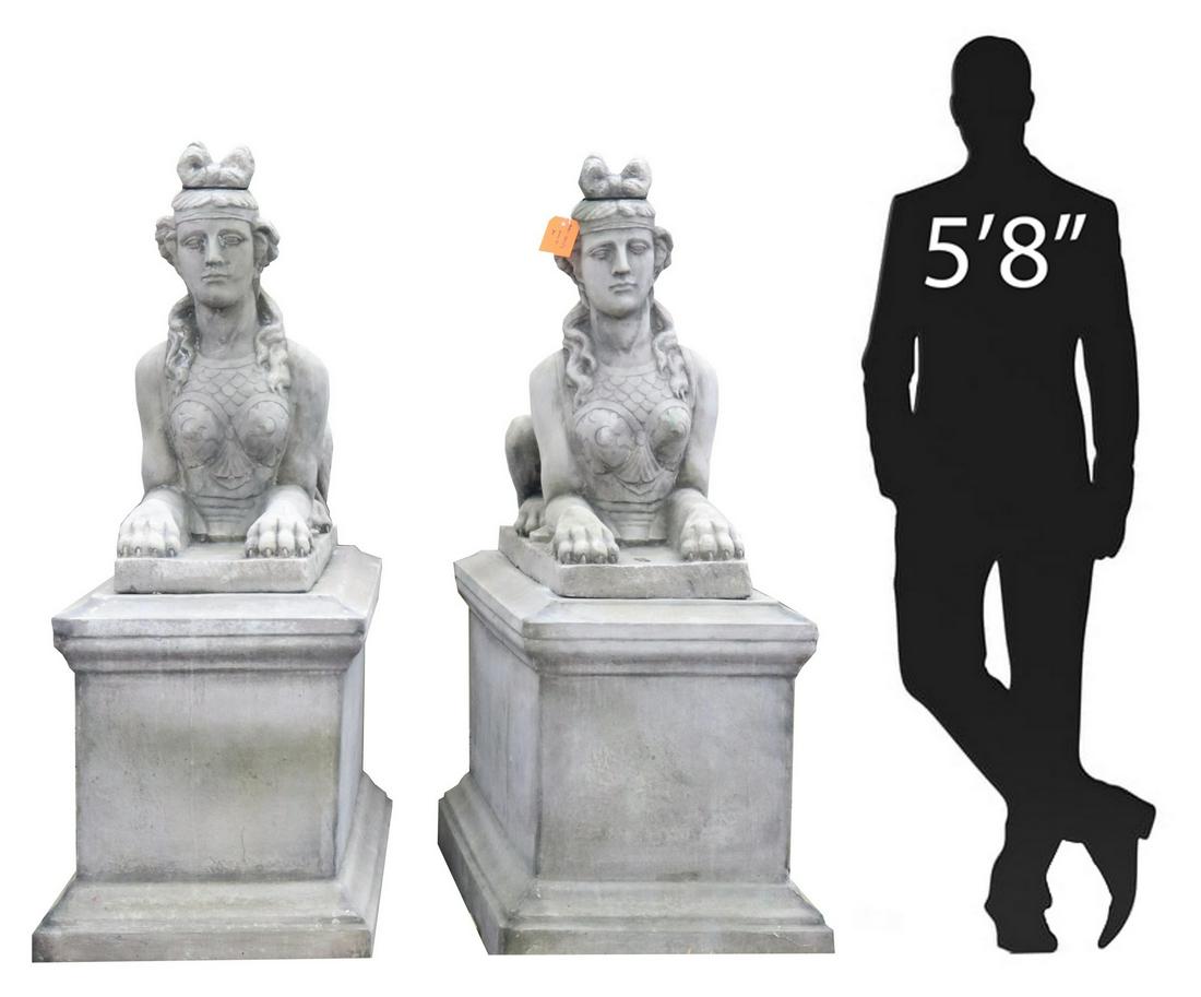 (2) MONUMENTAL CAST STONE GARDEN SPHINX ON PLINTHS (1 of 4)