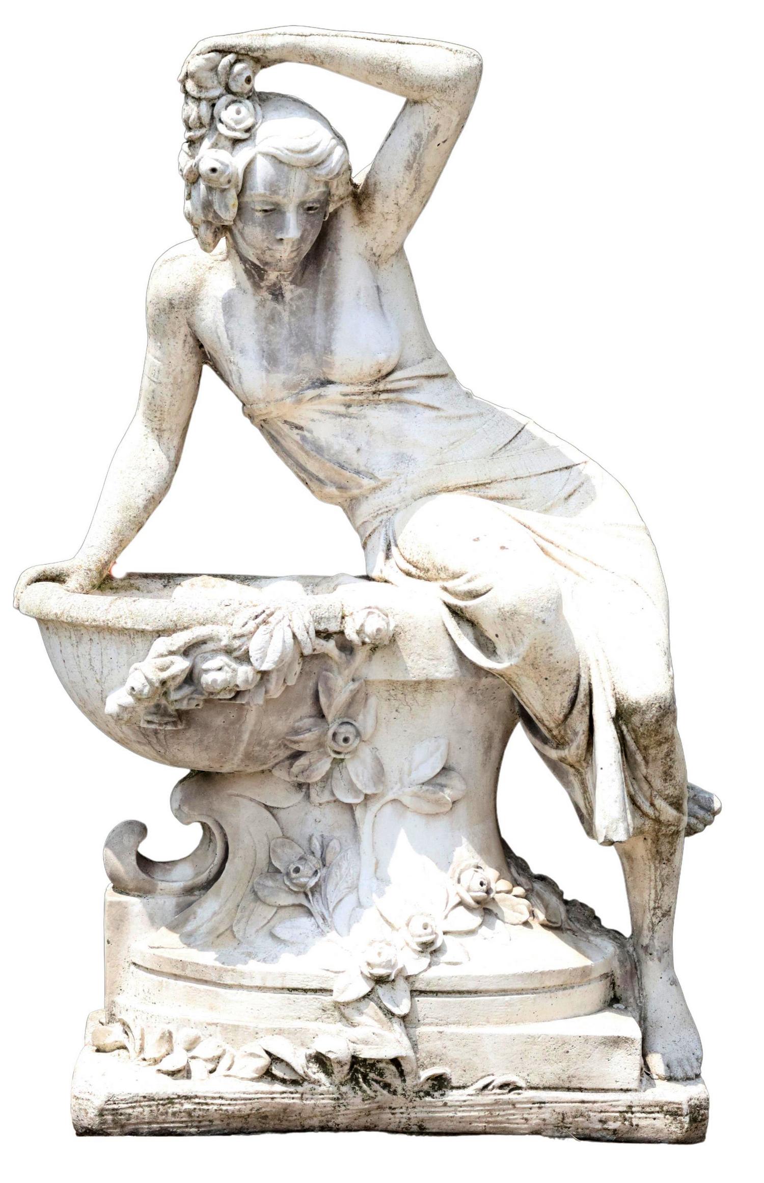 LARGE CAST STONE GARDEN PLANTER WOMAN WITH ROSES: Large cast stone garden planter, Woman with Roses, 20th c., semi-nude woman in drapery, with roses in her hair, reclining on basin with additional trailing roses, drain hole at center, rising on pedes
