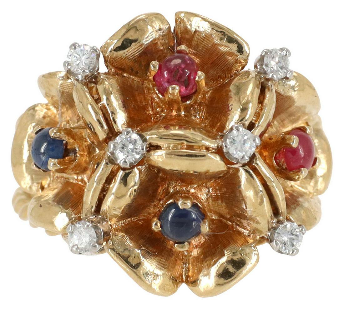 ESTATE 18KT GOLD DIAMOND & GEMSTONE FLOWER RING (1 of 5)