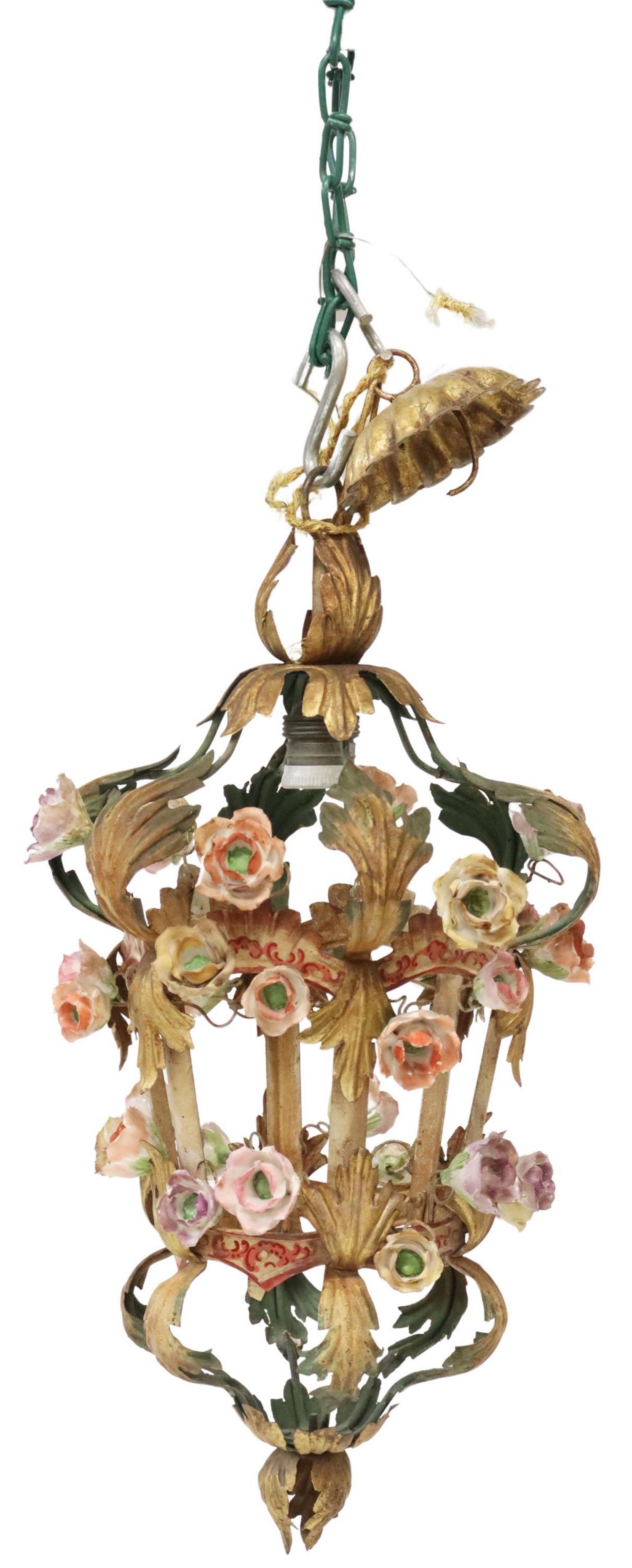 ITALIAN GILT METAL PORCELAIN FLOWER CEILING LAMP (1 of 3)