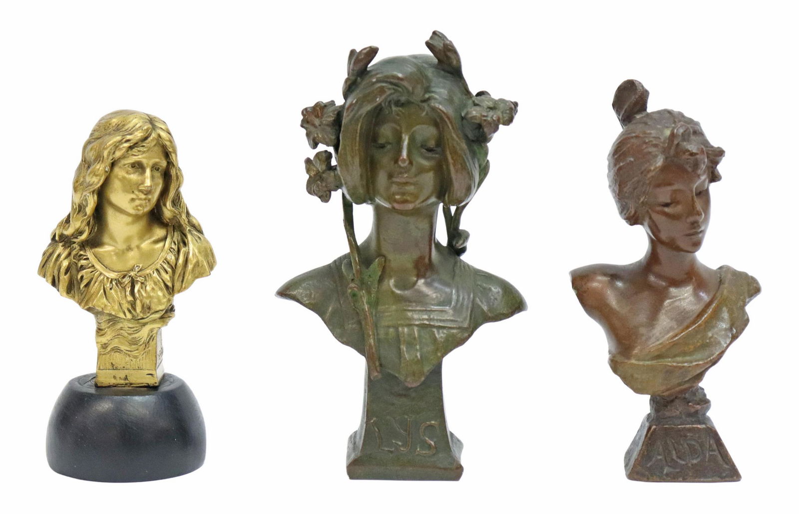 (3) FRENCH GILT & PATINATED BRONZE FEMALE BUSTS: (lot of 3) Bronze sculptures, Portrait Busts, including: (1) patinated bronze, "Lys" (Lily), signed in cast J. Causse (Julien Causse, French, 1869-1914), marked LU 25, approx 5.5"h, (1) patinated bron