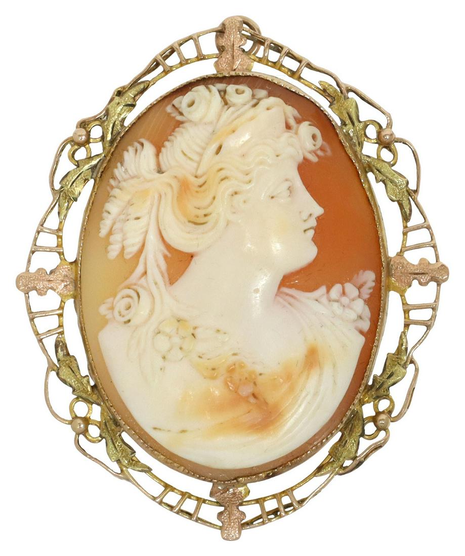 ESTATE 14KT GOLD SHELL CAMEO PENDANT BROOCH (1 of 3)