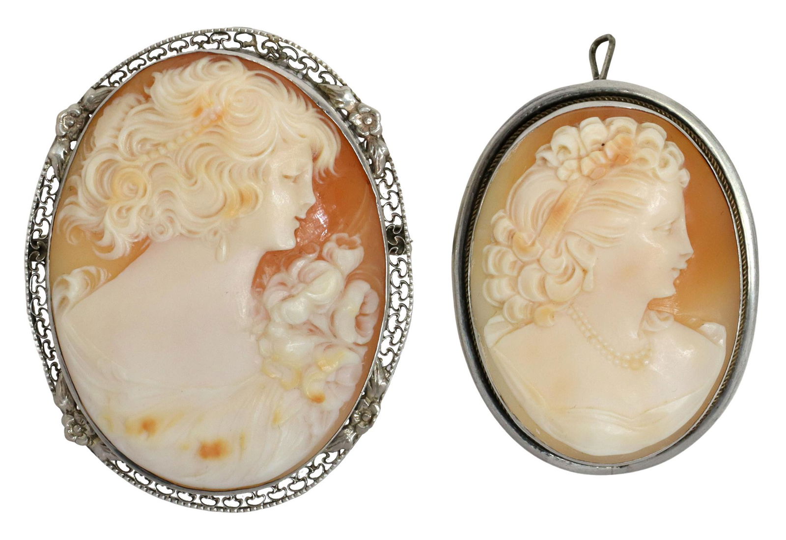 (2) ESTATE SILVER & CARVED SHELL CAMEO BROOCHES (1 of 3)