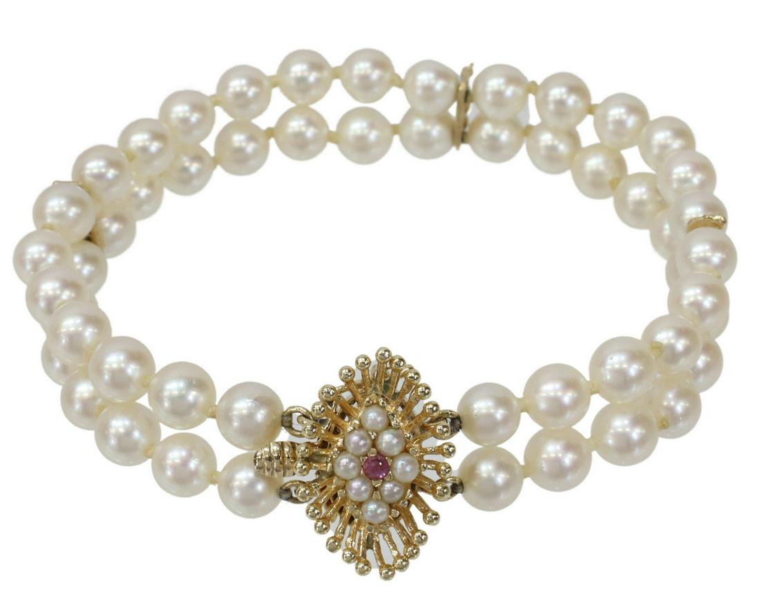 ESTATE DOUBLE-STRAND PEARL BRACELET 14K GOLD CLASP (1 of 5)