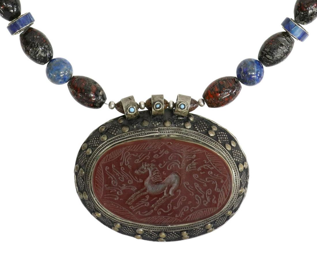 LAPIS BEADED NECKLACE CARVED CARNELIAN PENDANT (1 of 4)