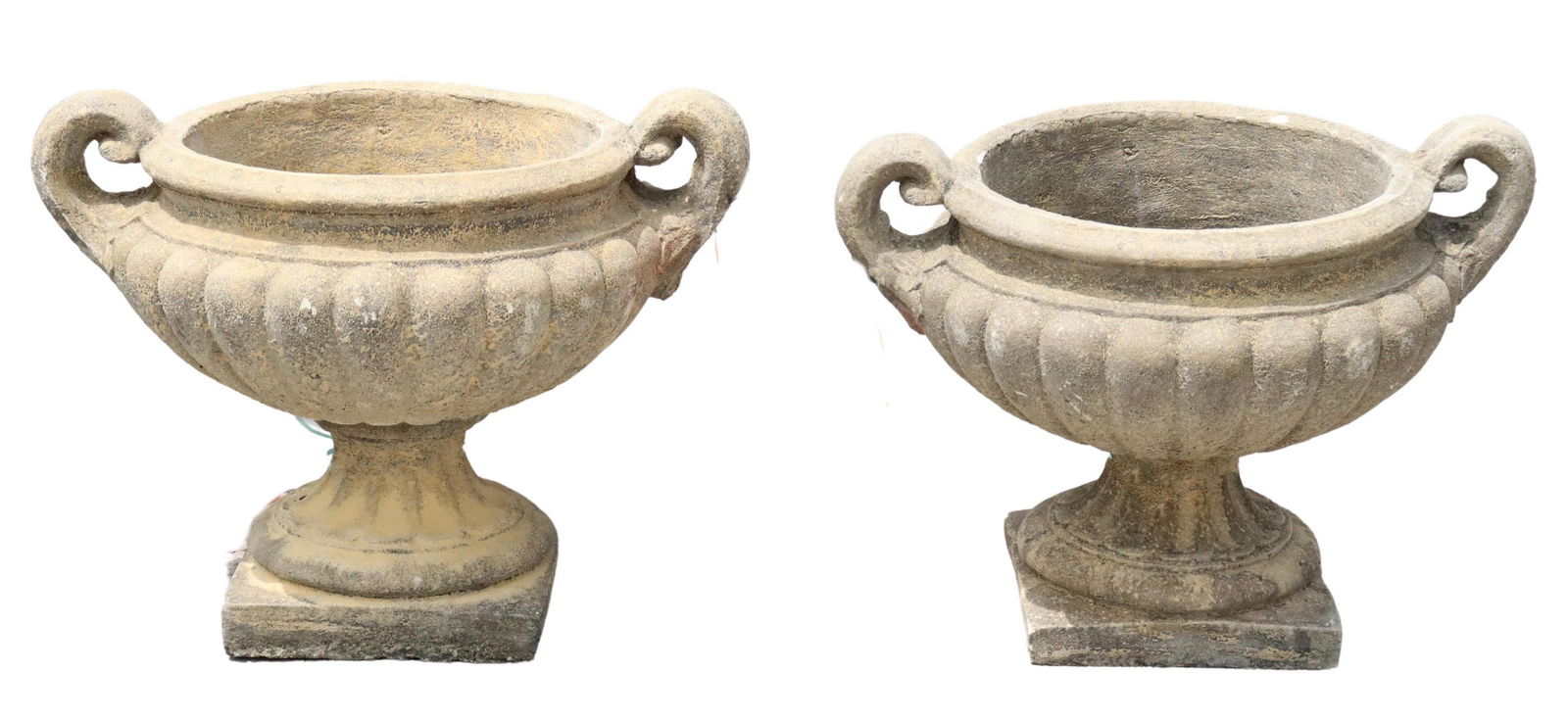 (2) LARGE CAST STONE HANDLED GARDEN URNS, 19"H (1 of 3)