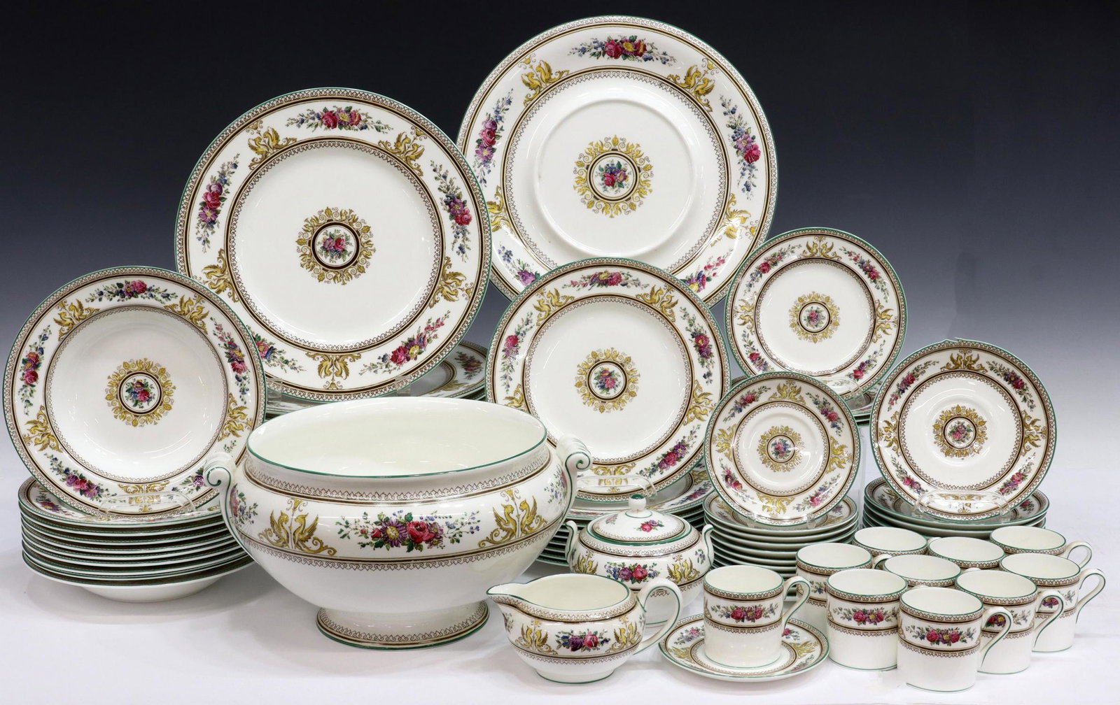 (65) WEDGWOOD 'COLUMBIA' BONE CHINA DINNER SERVICE: (lot of 65) English Wedgwood bone china partial dinner service, in the "Columbia White" pattern, including: (9) dinner plates, approx 10.75"diam; (9) salad plates, approx 8"diam; (10) rim soup bowls, 