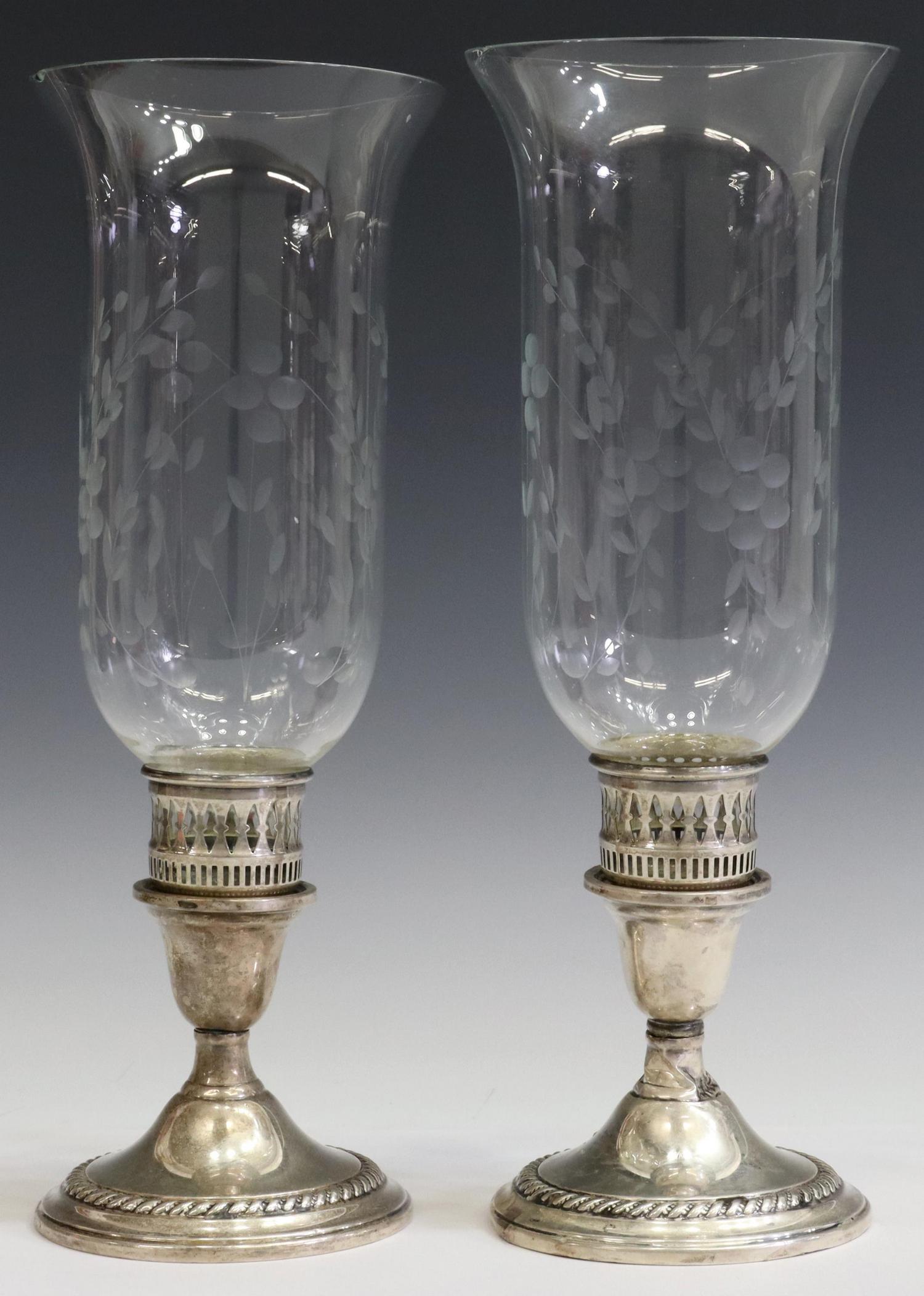 (2) WEIGHTED STERLING ETCHED GLASS HURRICANE LAMPS (1 of 5)