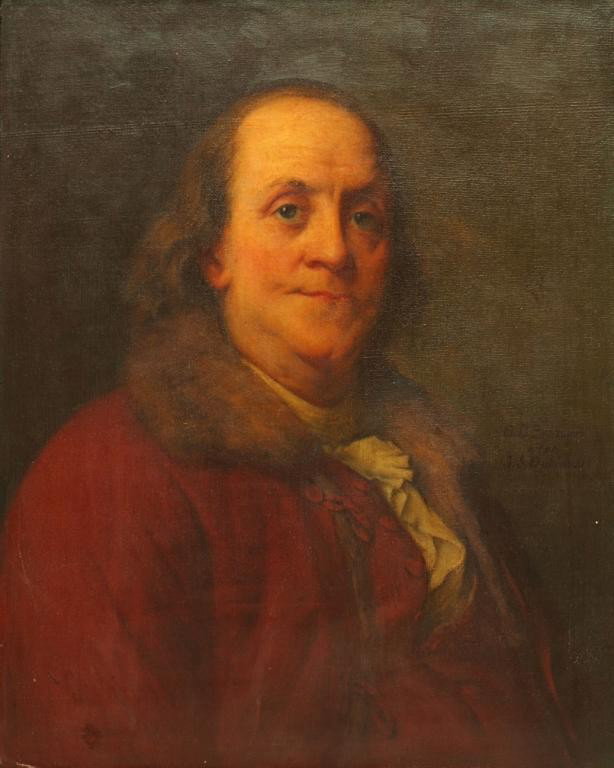 FRAMED PAINTING BENJAMIN FRANKLIN, BARTLETT B.1863: Framed oil painting on canvas, Portrait of Benjamin Franklin, signed at right center C.D. Bartlett after J.S. Duplessis (Clarence D. Bartlett, Ohio, b. 1863- ; Joseph-Siffred Duplessis, France, 1725-1