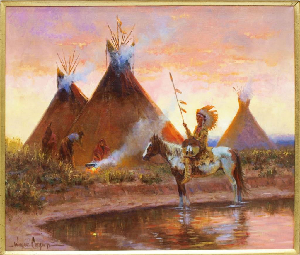 AMERICAN INDIAN WESTERN PAINTING, WAYNE COOPER: Framed oil painting on canvas, Indian Chief, signed lower left Wayne Cooper (Oklahoma, b. 1942) sight: 19.5"h, 23.5"w; overall: 30"h, 34.25"w, 9.5lbs Start Price: $200.00