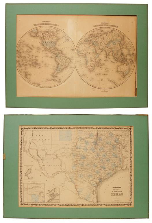 (2) JOHNSON'S MAPS ,TEXAS, 1860, HEMISPHERES: (lot of 2) Maps from Johnson's New Illustrated Family Atlas, 1860: (1) Johnson's New Map of the State of Texas, mat framed, in good condition with light original book fold, sight: 17.75"h, 24.5"w, ove