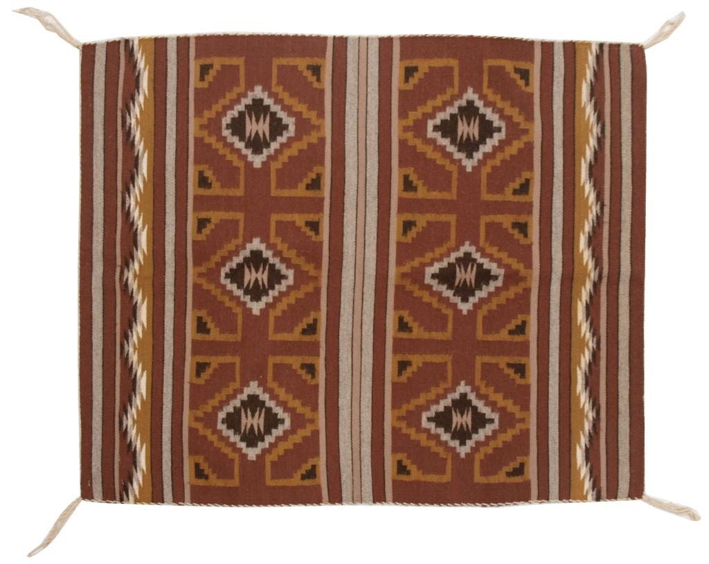 AMERICAN INDIAN WOOL RUG, NAVAJO, CROWNPOINT, N.M.: Finely woven vintage Native American Navajo wool rug bearing the tag of Crowpoint Rug Weavers Association, Crowpoint, New Mexico, Virginia John, weaver, vegetable dye, 40" x 30", 1.75lbs (4) Start Pri
