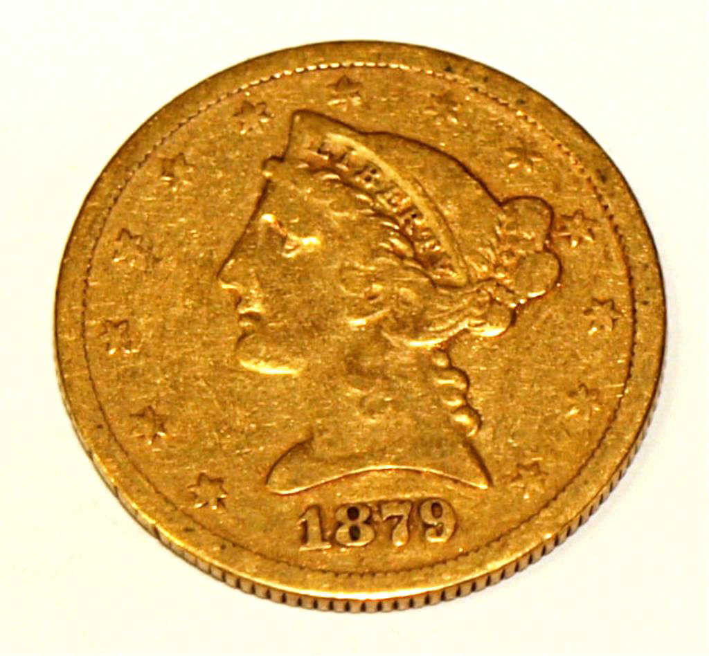 U.S. $5 LIBERTY HALF EAGLE GOLD COIN, 1879 S: United States 1879 S five dollar liberty half eagle gold coin Start Price: $300.00