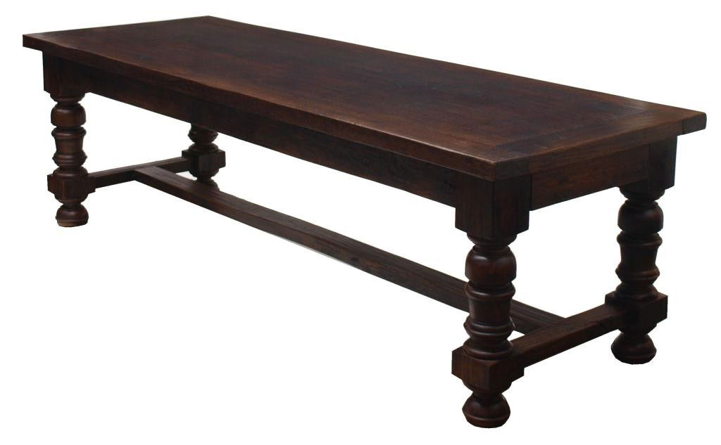 SUBSTANTIAL FRENCH CARVED OAK REFECTORY TABLE: Substantial French oak refectory table, the long rectangular top above a drawer fitted in one end, rising on heavy bulbous legs, joined by a single stretcher, 30"h, 98.5"l, 33.5"d Start Price: $800.00