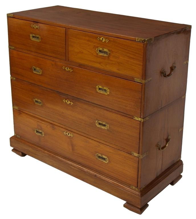 ANTIQUE TEAKWOOD TWO-PART CAMPAIGN CHEST: British Colonial brass bound two-part teakwood campaign chest, 19th c., retaining brass carry handles, brass escutheons on two small drawers over three large drawers, each with inset brass pulls, set 