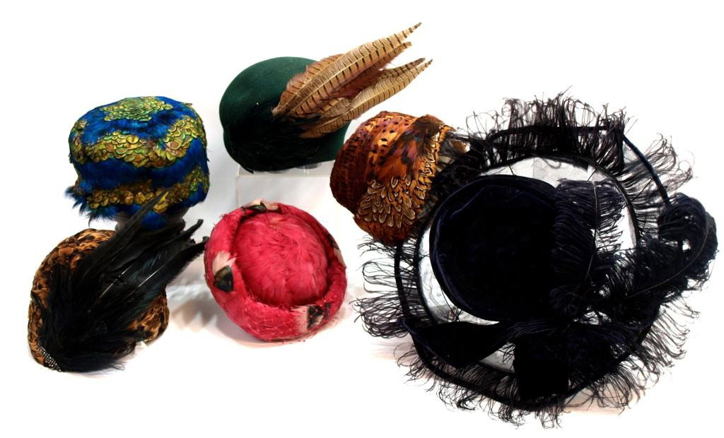 COLLECTION LADIES VINTAGE PEACOCK FEATHER HATS: (lot of 6) Collection of ladies vintage feathered hats including peacock and other feathers, the pink by Gotham, the green marked 'Doeskin felt 100% wool, Geo. W. Bollmans Co. Inc', 3.5lbs total Start
