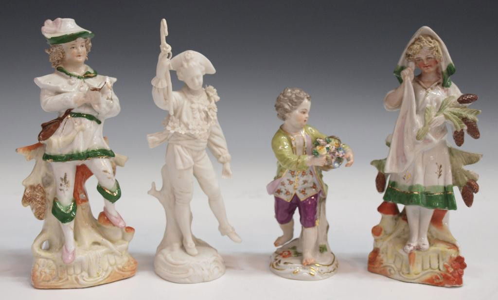 MEISSEN PORCELAIN FIGURE & CONTINENTAL FIGURES: (lot of 4) Continental porcelain figures comprising: (1) Meissen figurine, a young man carrying a basket of flowers, blue crossed swords underfoot, '1490, 5" impressed marks, 5"h; (1) Dressel, Kister