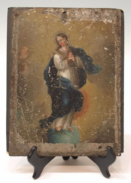 ANTIQUE RETABLO, THE IMMACULATE CONCEPTION, MEXICO: Mexican religious retablo, The Immaculate Conception, polychrome painted on tin, laid on later cardboard backing, substantial paint loss, 10.25"h, 7.5"w, .5lbs Start Price: $80.00