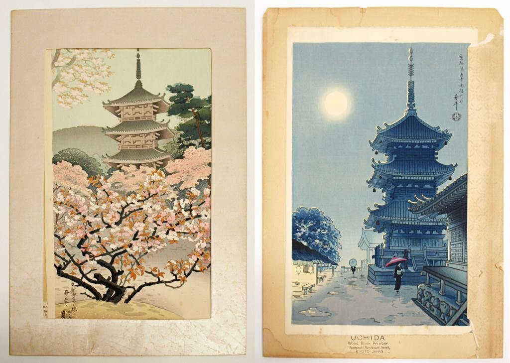 (2) JAPANESE WOOD BLOCK PRINTS: (lot of 2) Japanese modern woodblock prints by Uchida: (1) 'The Pagoda of Ninnanji Temple' original by Benji Asada, Uchida watermark in margin, sight: 14"h, 9.5"w; (1) a street scene, with Uchida wate