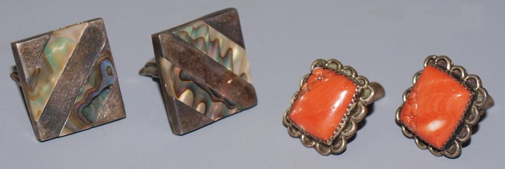 TAXCO MEXICO STERLING & CARVED RED CORAL CUFFLINKS: (lot) A (pair) of Taxco sterling silver cufflinks patterned with abalone, marked Taxco Mexico HMO; (pair) floral caved red coral cufflinks on sterling mounts; 30 grams (all inclusive) Start Price: $50