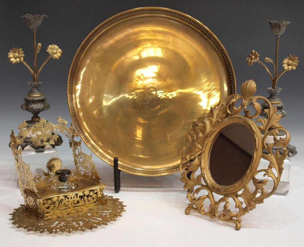 METALWARE, FOLIATED CANDLEHOLDERS, GILT INKSTAND: (lot of 5) Antique and new decorative objects including: (pair) metal candleholders fashioned as budding flowers, gilt and silver tone finish, 11.25"h; (1) antique dresser mirror having a gilt foliate