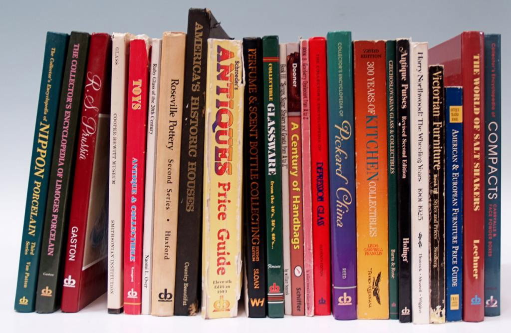 (24) ANTIQUE COLLECTOR GUIDE REFERENCE BOOKS: (lot of 24) Collector reference books: (1) Encyclopedia of Nippon Porcelain; (1) Encyclopedia of Limoges Porcelain; (1) Encyclopedia of R.S. Prussia; (1) Glass, The Smithsonian Illustrated Library of 