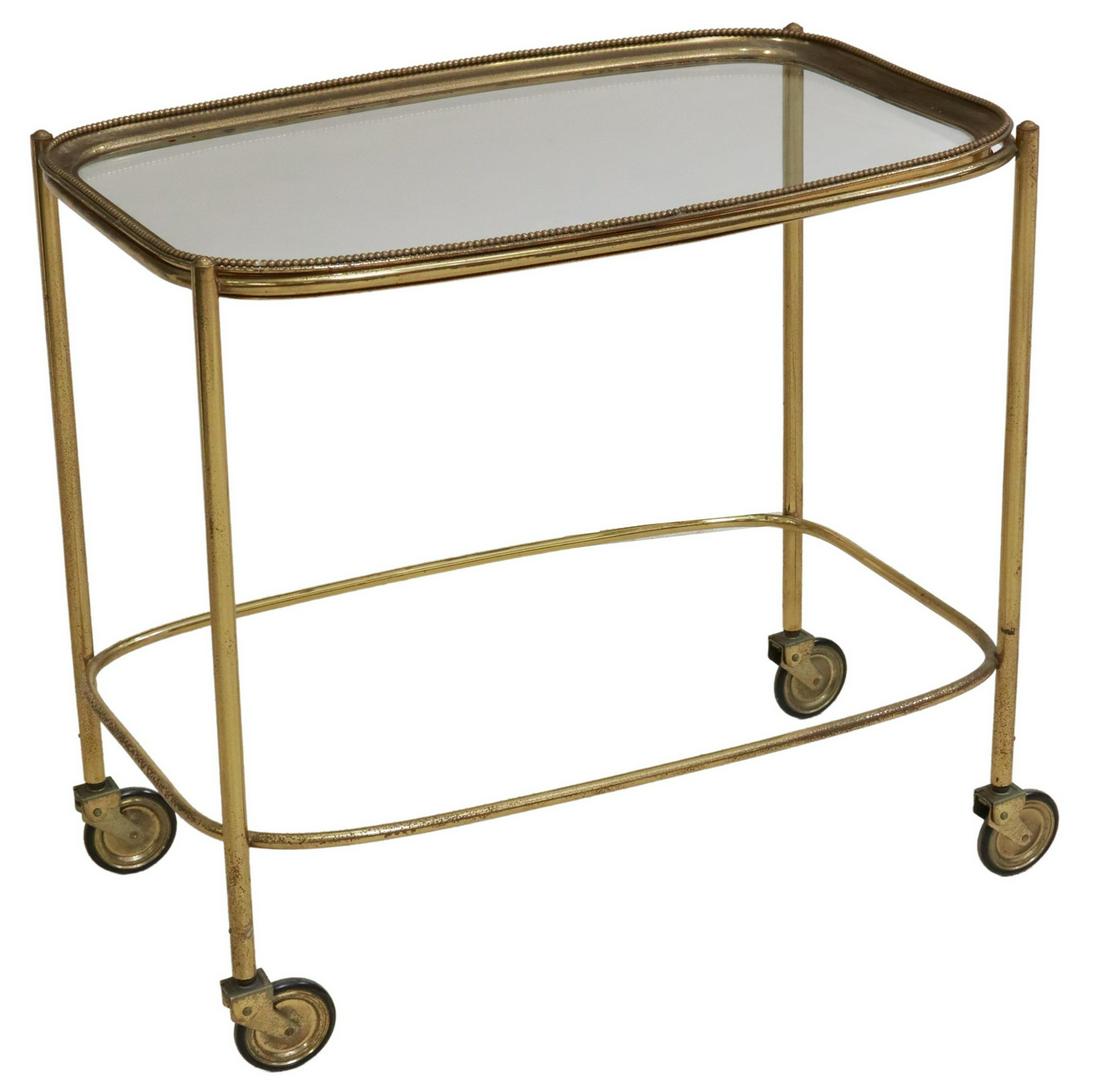 ITALIAN BRASS & GLASS BAR CART/ SERVICE TROLLEY: Italian brass and glass bar cart/ service trolley, 20th c., the top encasing inset glass tray, top tray with rope-form handles, rising on cylindrical legs, ending on casters, approx 25.5"h, 31 3/8"w, 