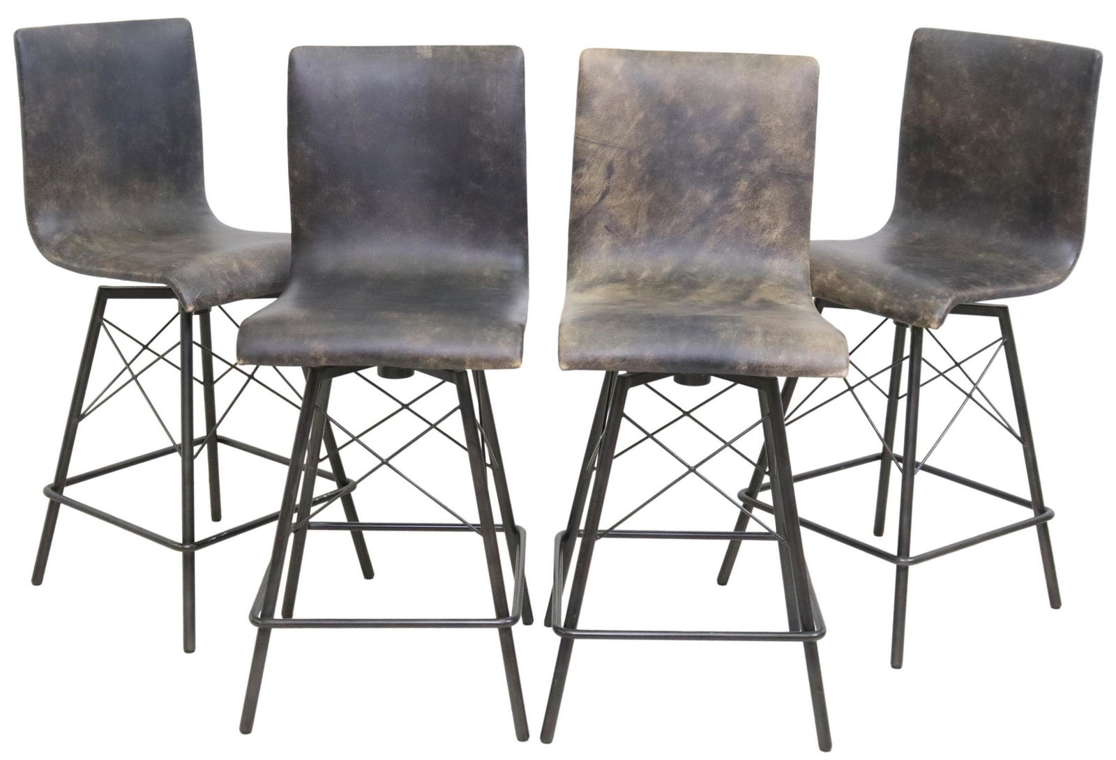 (4) FOUR HANDS 'DIAW' MODERN LEATHER BAR STOOLS: (lot of 4) Contemporary "Diaw" bar stools, Four Hands, 21st c., in "Rialto Ebony," having curved swivel seat in distressed black leather, rising on black-waxed iron base, retaining adhesive maker's la