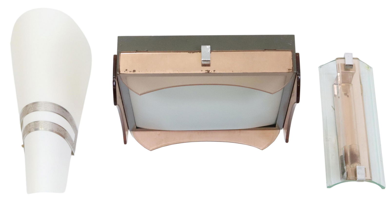 (3) ITALIAN VECA & OTHER SCONCES, CEILING LIGHT: (lot of 3) Italian modern wall sconces and ceiling light, mid to late 20th c., including: (1) single-light wall sconce, Veca, with stacked colored glass shades, over silver-tone metal frame, retaining