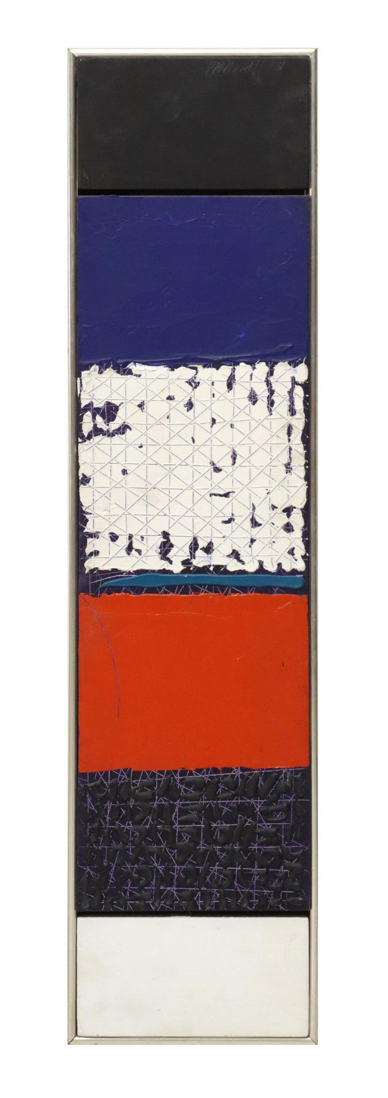 PAUL MAXWELL (1925-2015) MODERN ACRYLIC PAINTING: Framed acrylic painting on panel, Untitled, signed upper right P. Maxwell (Paul E. Maxwell, American, 1925-2015), dated [19]68, sight: approx 33"h, 8"w, overall: 33.5"h, 8.5"w, 6lbs Start Price: $400.