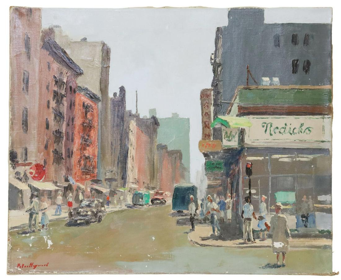 PETER HAYWARD (D.1993) NEW YORK STREET PAINTING: Unframed oil on stretched canvas painting, New York Street Corner, signed lower left Peter Hayward (New York, Hawaii, 1905-1993), some flaking paint, overall: approx 20"h, 24"w, 2lbs Start Price: $150