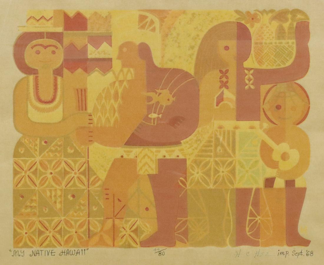 HON HEE (1906-1993) SERIGRAPH, 'MY NATIVE HAWAII': Framed serigraph on paper, "My Native Hawaii," signed lower right H.C. Hee (Hon Chew Hee, Hawaii, California, 1906-1993), dated September [19]68, numbered 44/ 80, titled lower left, sight: approx 14"h