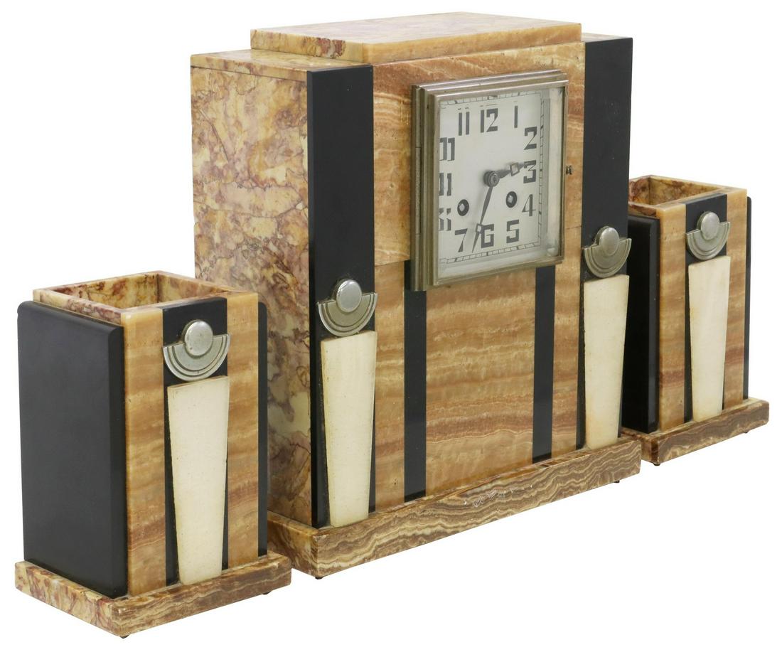 (3) FRENCH ART DECO MARBLE CLOCK & GARNITURES (1 of 5)