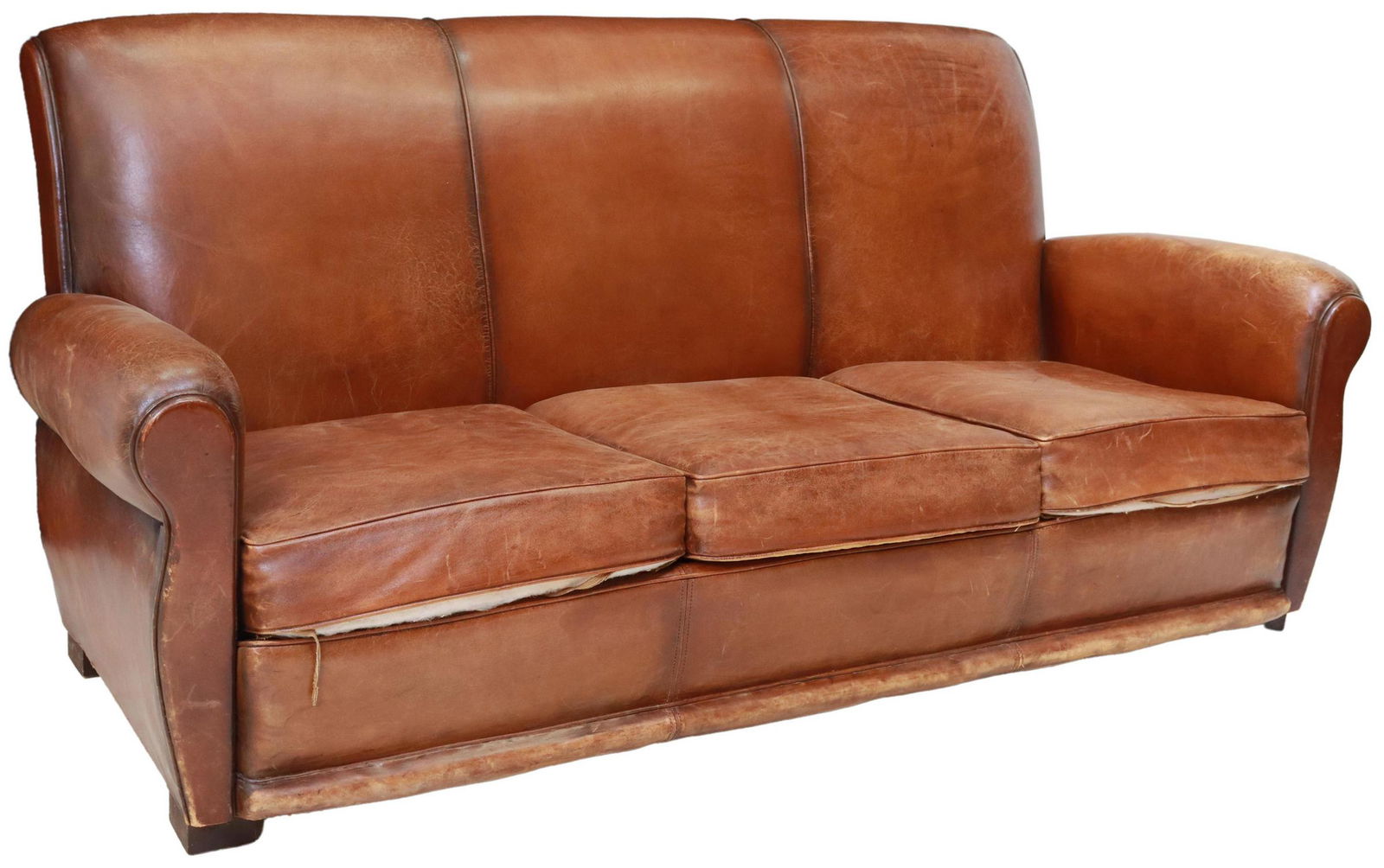 FRENCH ART DECO BROWN LEATHER THREE-SEAT SOFA (1 of 3)