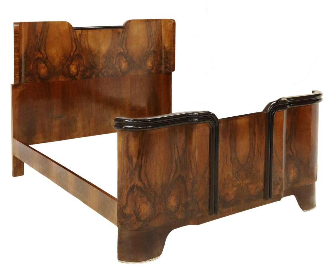 ITALIAN ART DECO BURLWOOD & BLACK TRIM BED: Italian Art Deco burlwood bed, c.1930s, curving headboard and footboard, with black painted trim, rising on bracket feet, exterior: approx 53.5"h, 84"l, 66.75"w, interior: approx 78"l, 64"w Start Pric