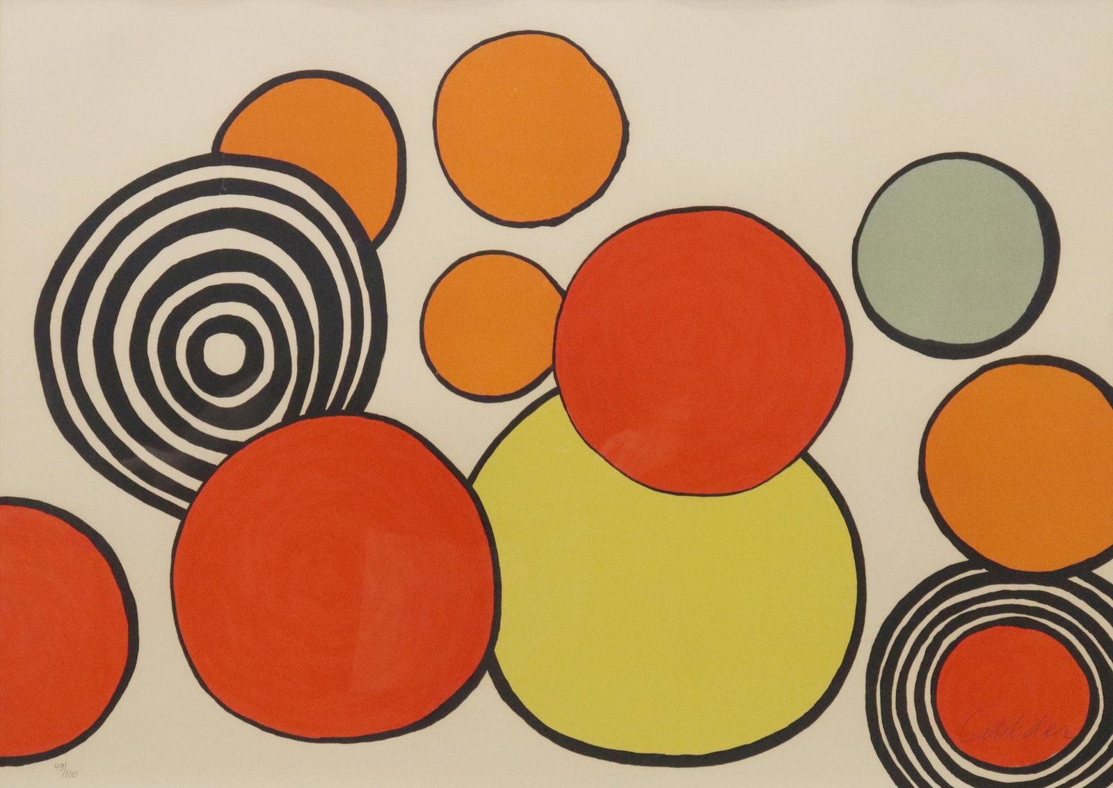 ALEXANDER CALDER (D.1976) FRECKLES LITHOGRAPH: Framed lithograph on paper, "Taches de Rousseur" (Freckles), signed lower right Calder (Alexander Calder, American, 1898-1976), numbered 49/ 100, toning and color fade, sight: approx 19.75"h, 27.75"w,