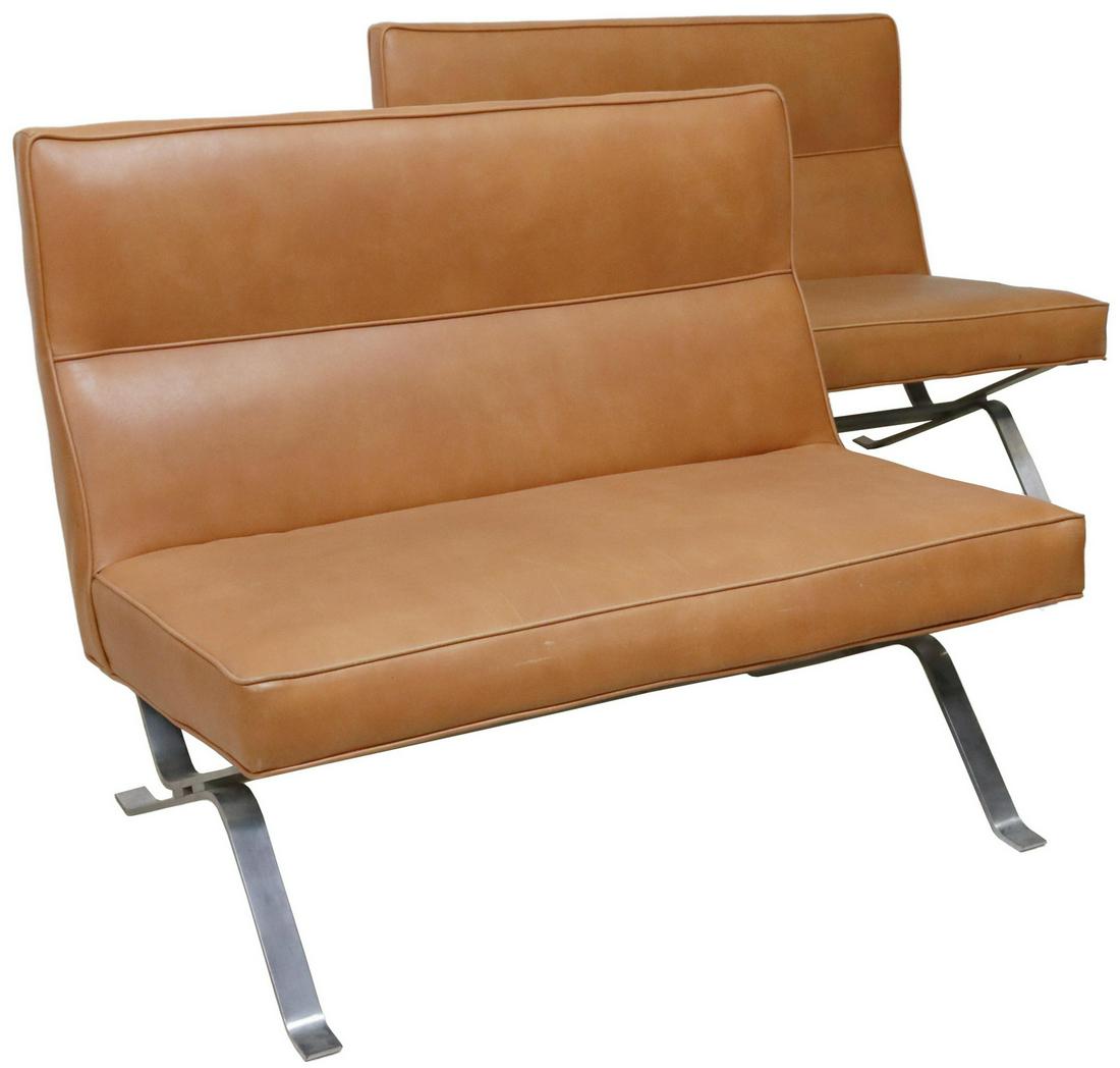(PR) MODERN DESIGN VINYL BENCH SEAT SETTEES: (pair) Modern design bench seat settees, 20th c., in vinyl upholstery, with piping trimmed back, rising on chromed steel X-form trestle base, (one) with flaw to upholstery at back right corner, (one)