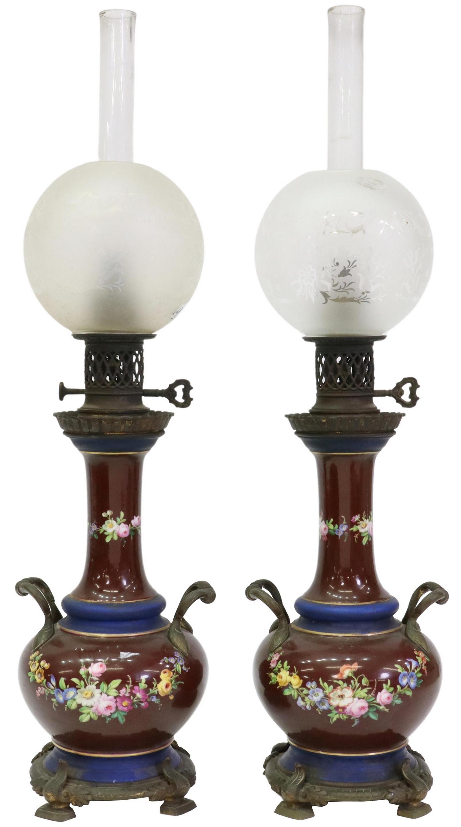 (2) PARCEL GILT CERAMIC & METAL KEROSENE OIL LAMPS (1 of 5)